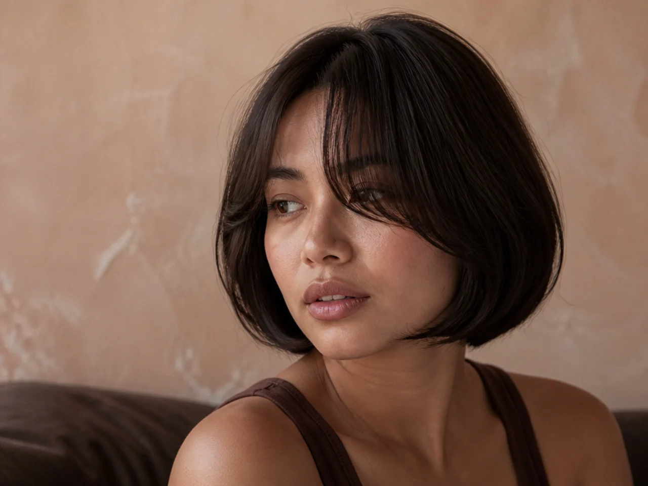 A chin length bob with curtain bangs