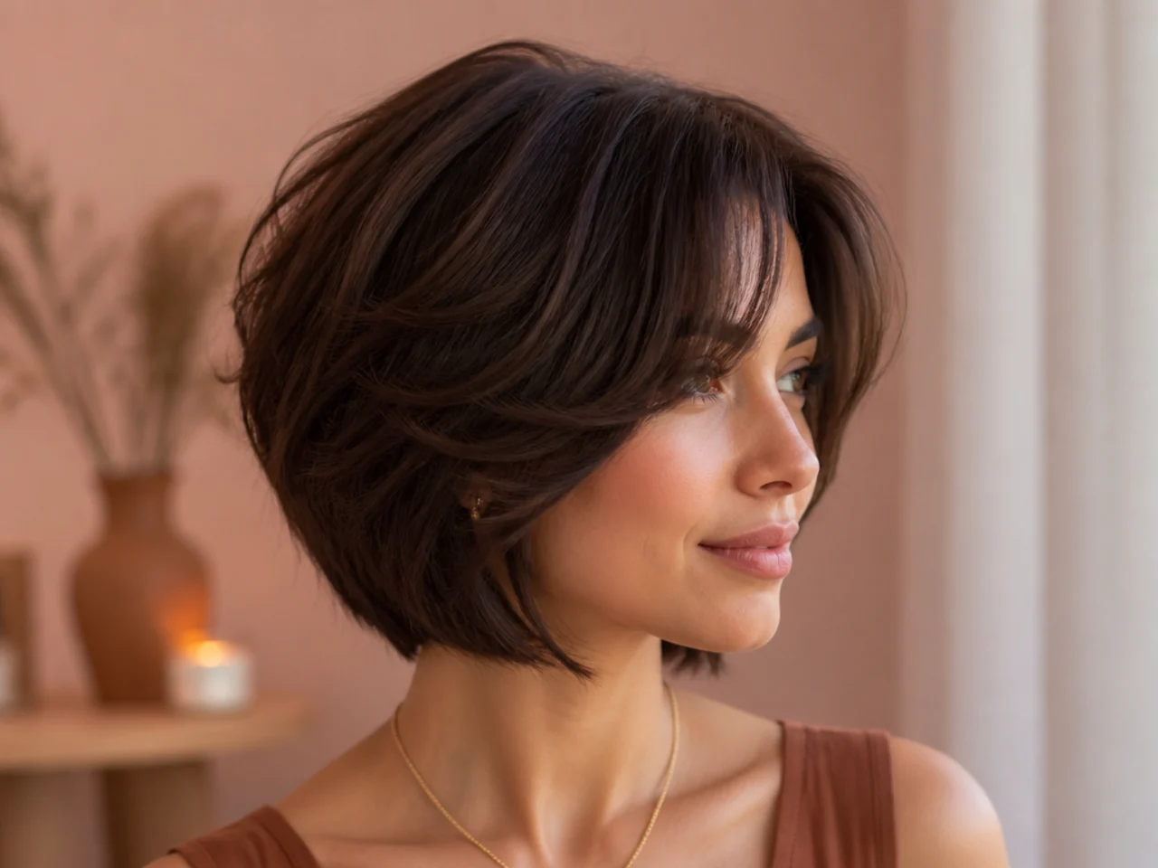 A stacked bob with curtain bangs at the front