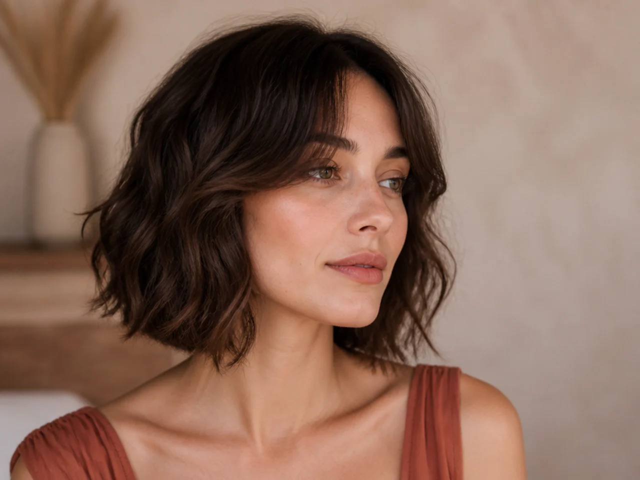 A wavy bob worn with curtain bangs