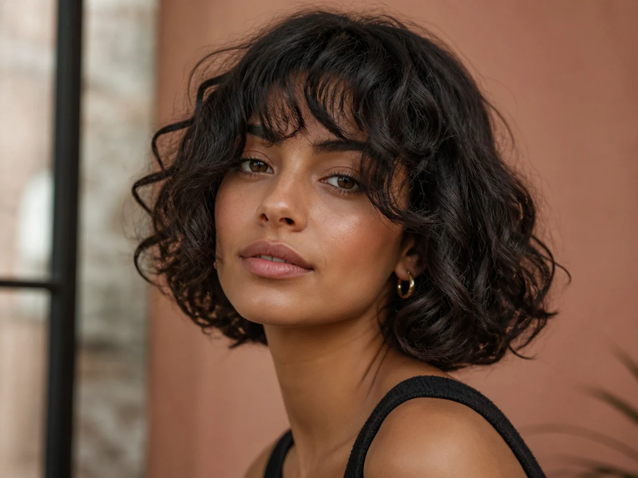 A curly bob with curtain bangs