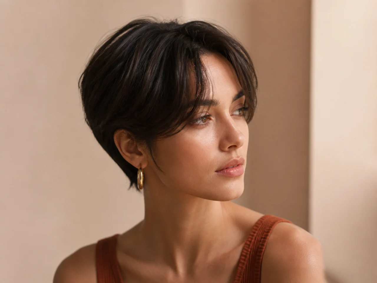 A pixie cut with long curtain bangs
