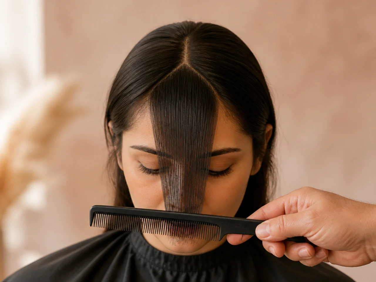 A shallow triangular fringe section combed forward
