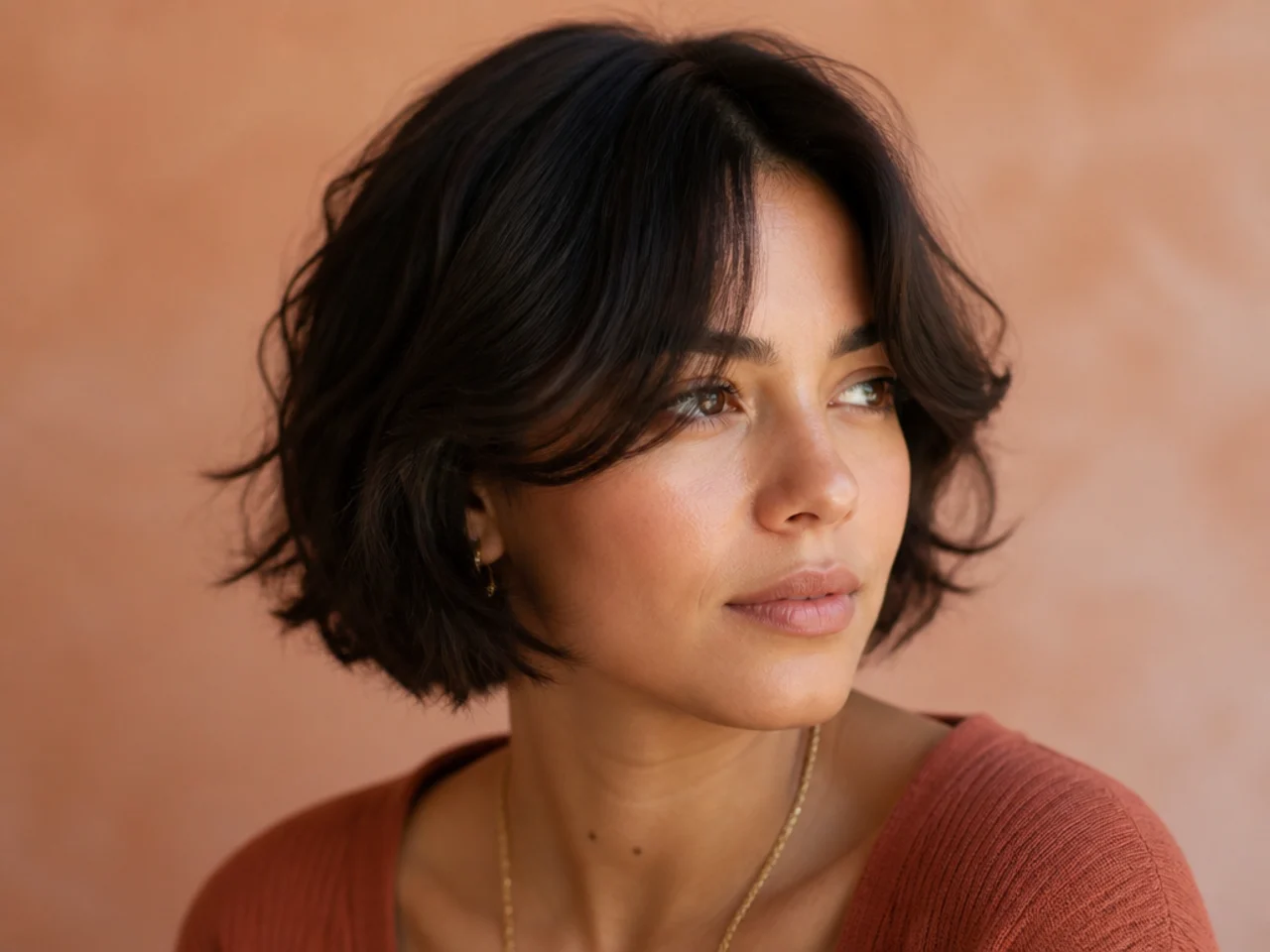 Three quarter view of short hair with curtain bangs