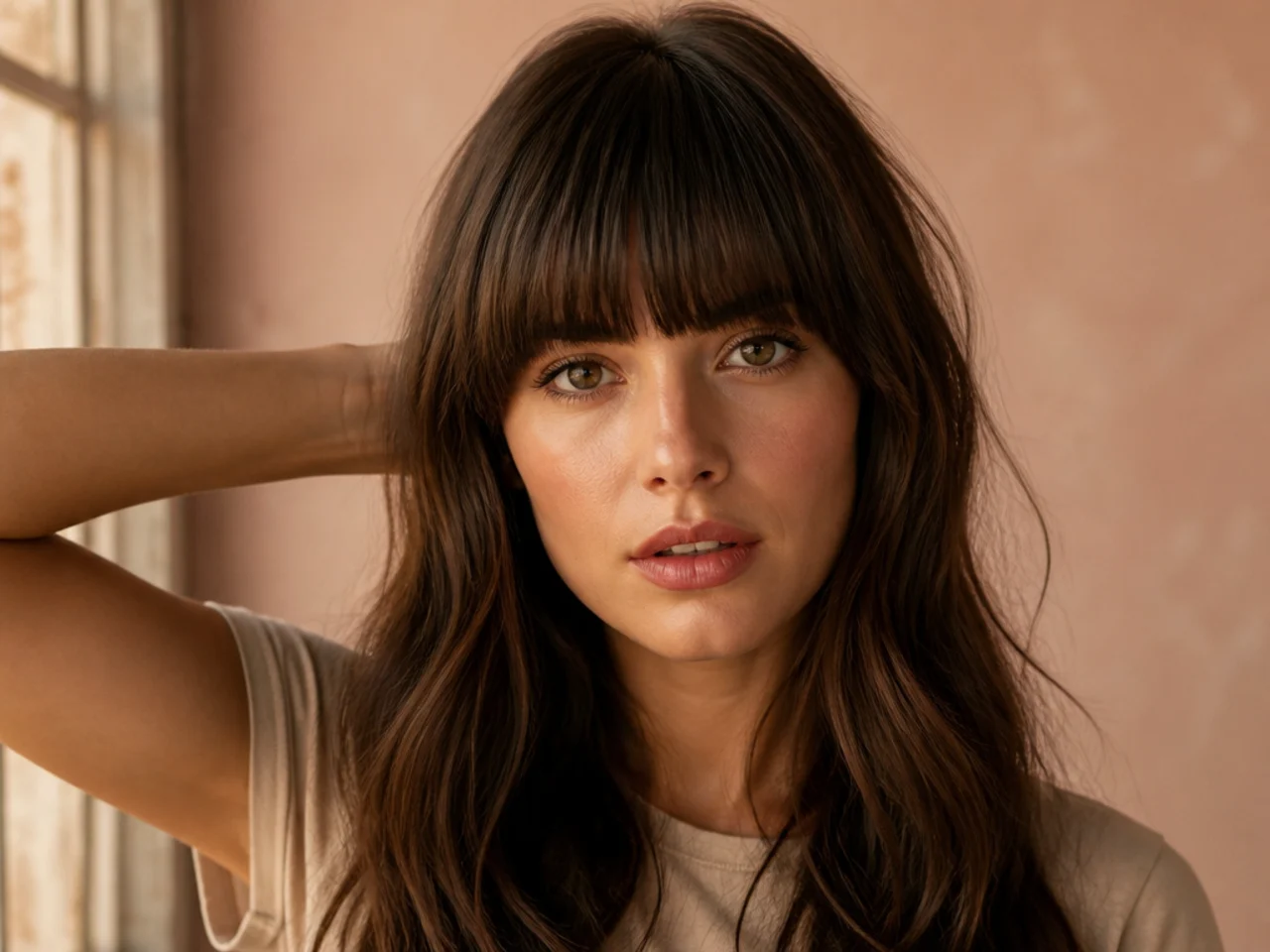 A heavy fringe sitting flat across the forehead