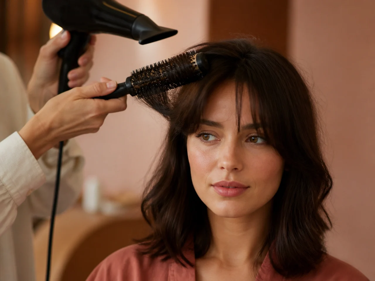 A fringe being dried away from the face with a round brush