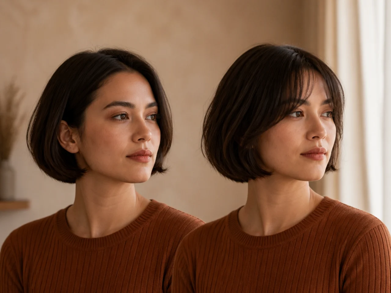 A short bob shown with and without curtain bangs
