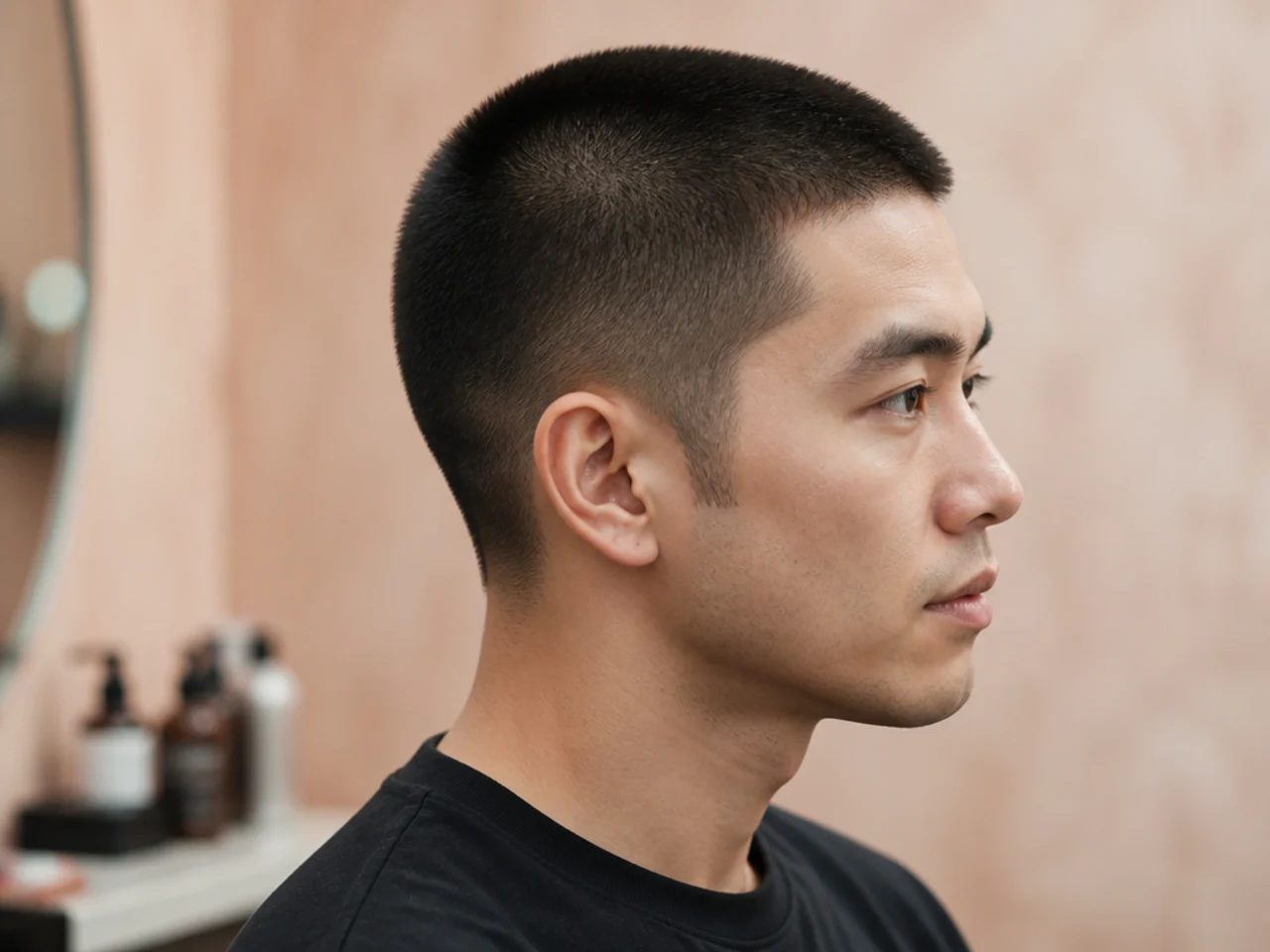 Burr cut at number three across the crown with a natural taper at the neckline