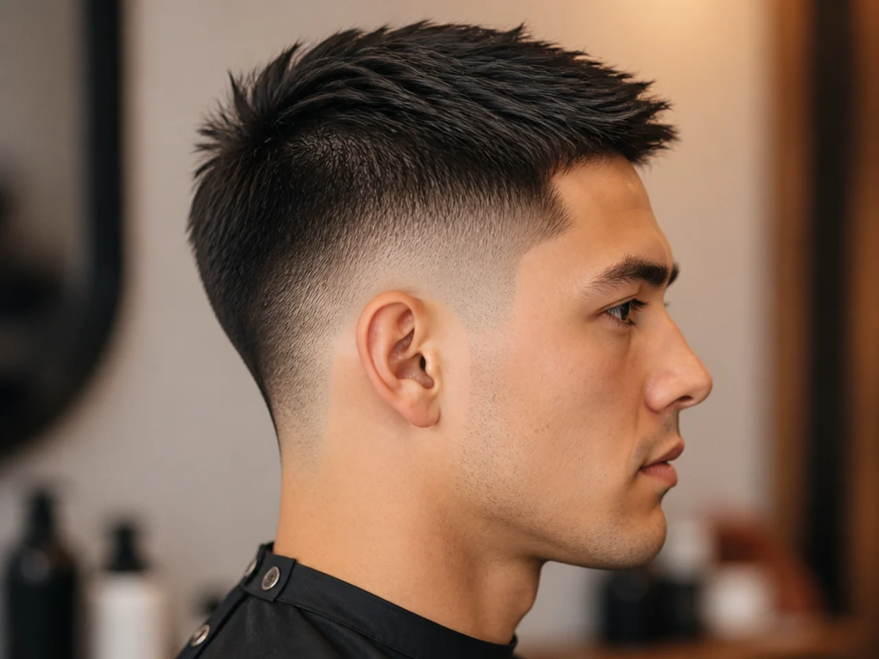 Burst fade radiating around the ear with a short textured top on straight hair