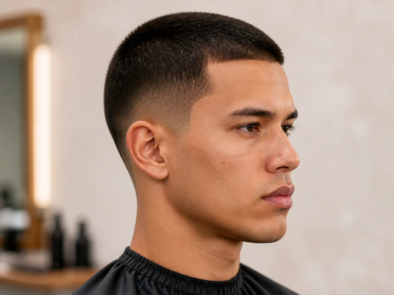 Butch cut with half-inch length on top and a soft low taper