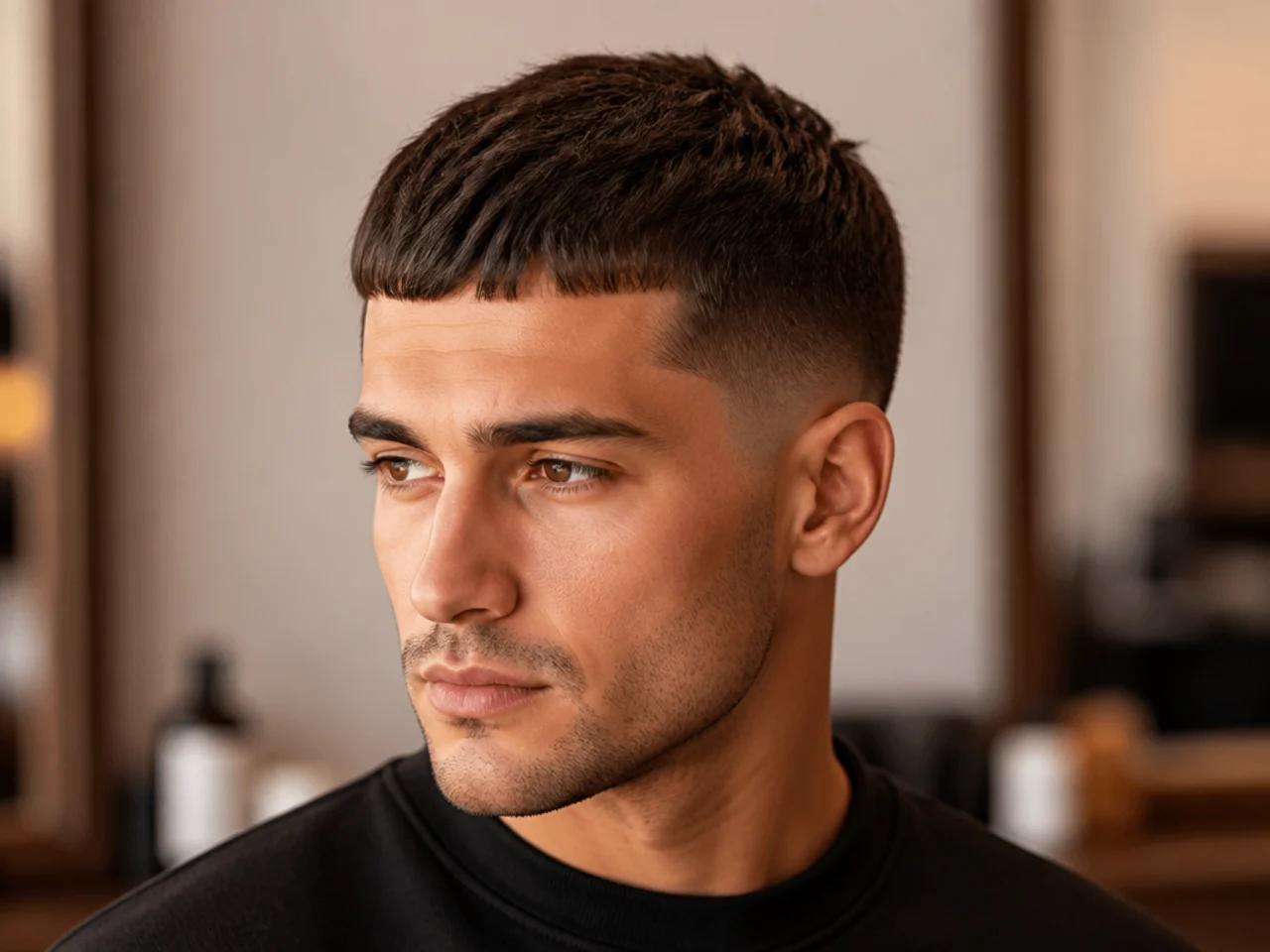 Caesar cut with a short forward-swept fringe and softly rounded perimeter