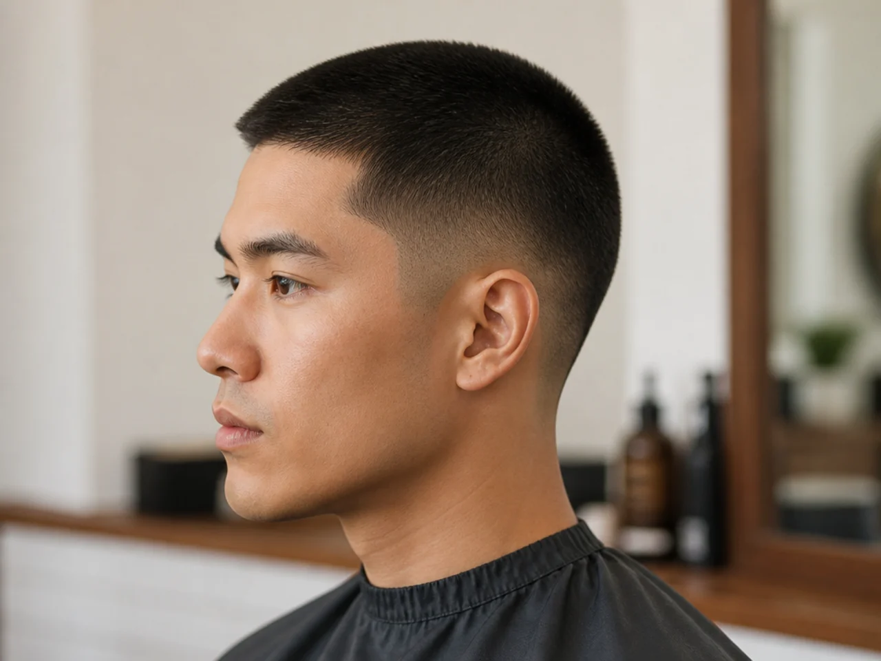 Classic number 2 buzz cut on straight dark hair with a clean neckline