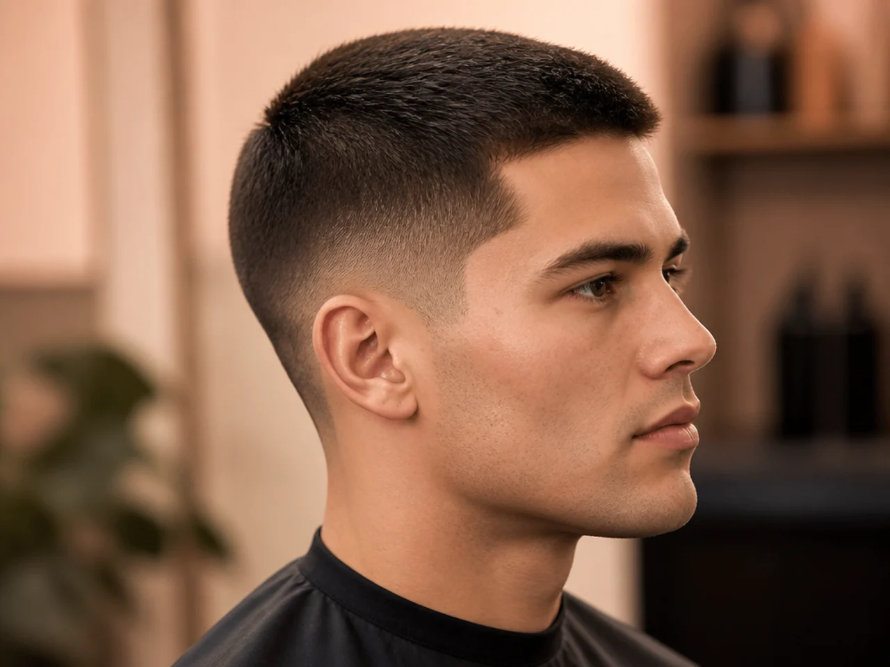 Classic crew cut with an inch and a half on top and a low taper on the sides