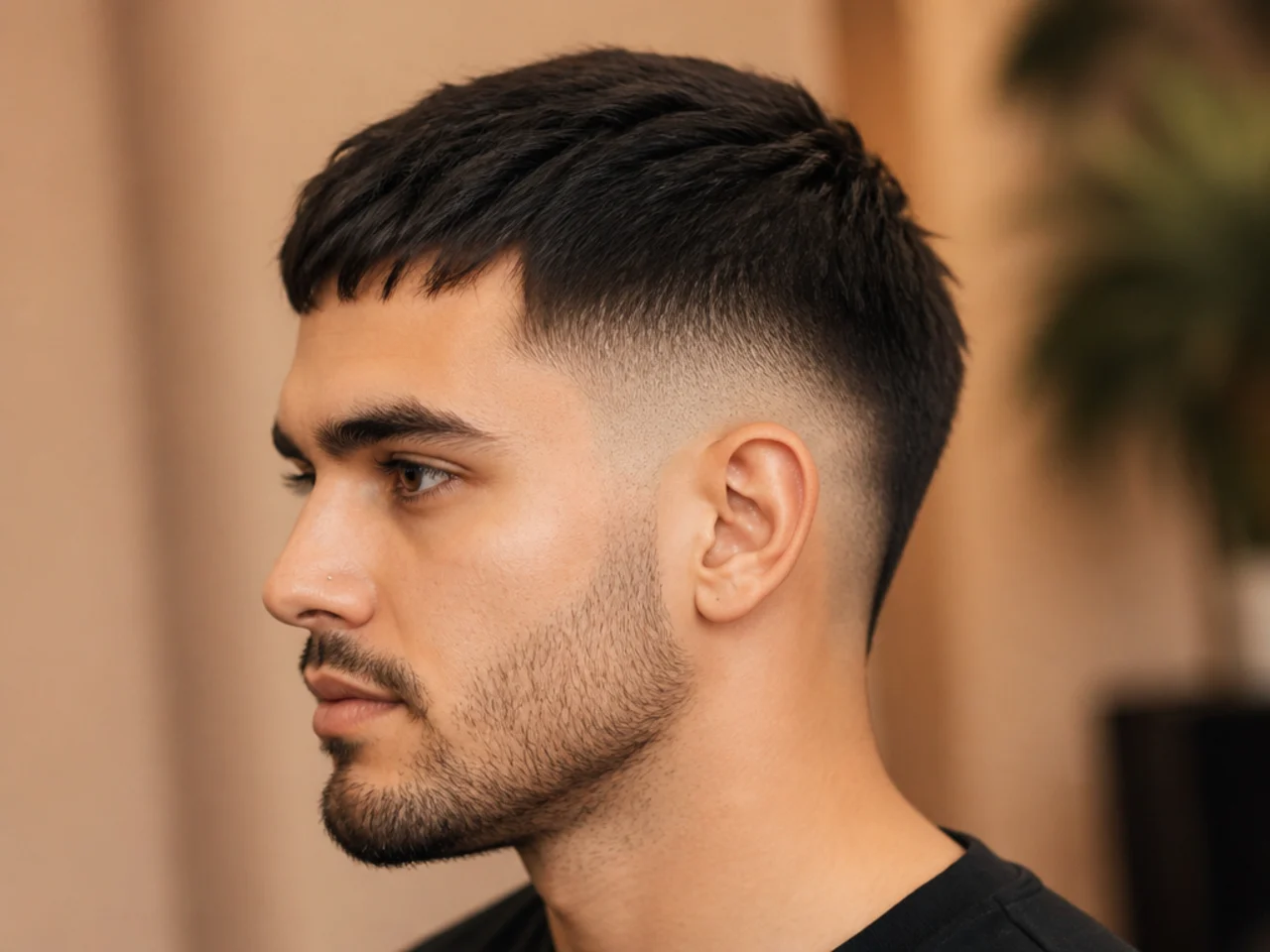 Drop fade arcing downward behind the ear paired with a short textured top