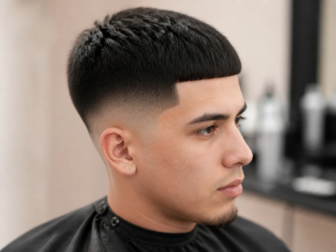 Edgar cut with a hard straight fringe line at the forehead and a clean skin fade