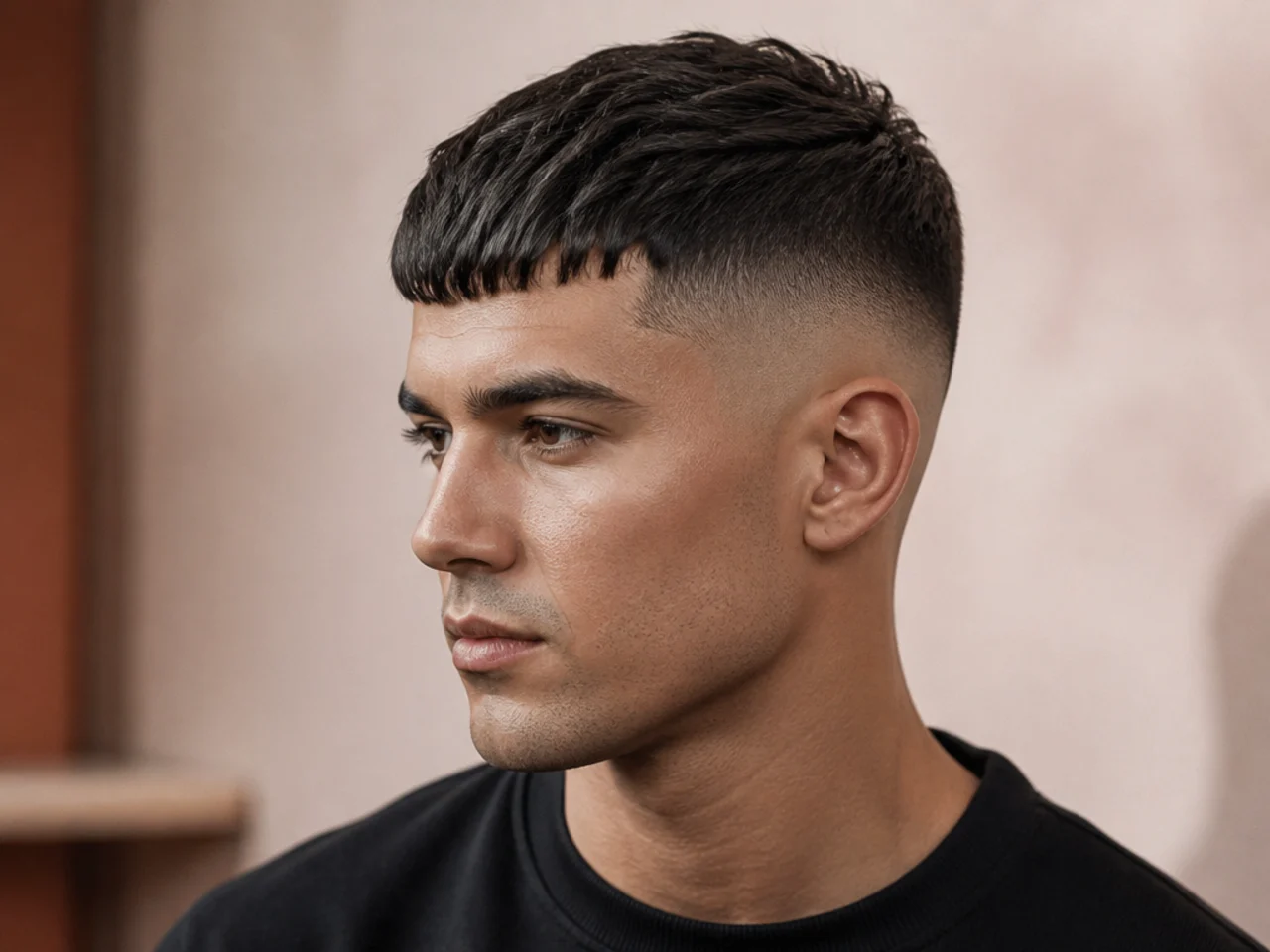 French crop with a blunt horizontal fringe and a tight skin fade at the temples