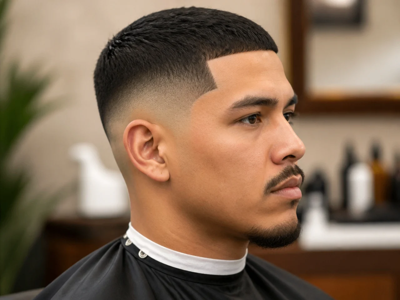 High skin fade with a razor-sharp line-up along the temple and forehead