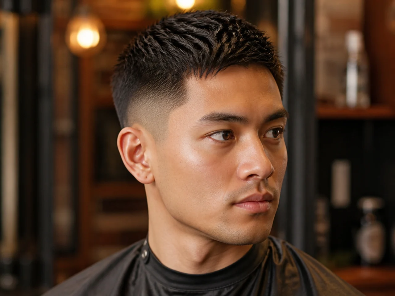 Barber and client reviewing a reference photo before a short haircut