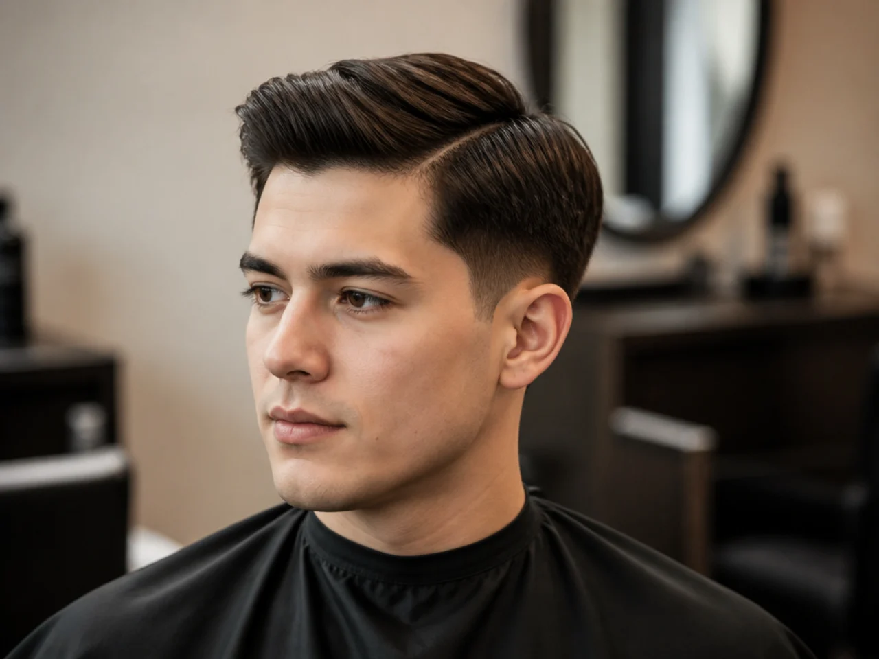 Ivy League cut with two inches on top parted on the left and a clean scissor taper