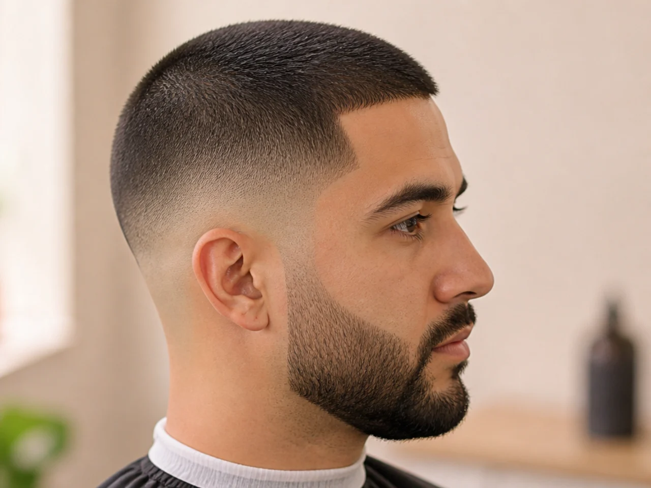 Long buzz cut at number four on top with a skin fade dropping at the sides