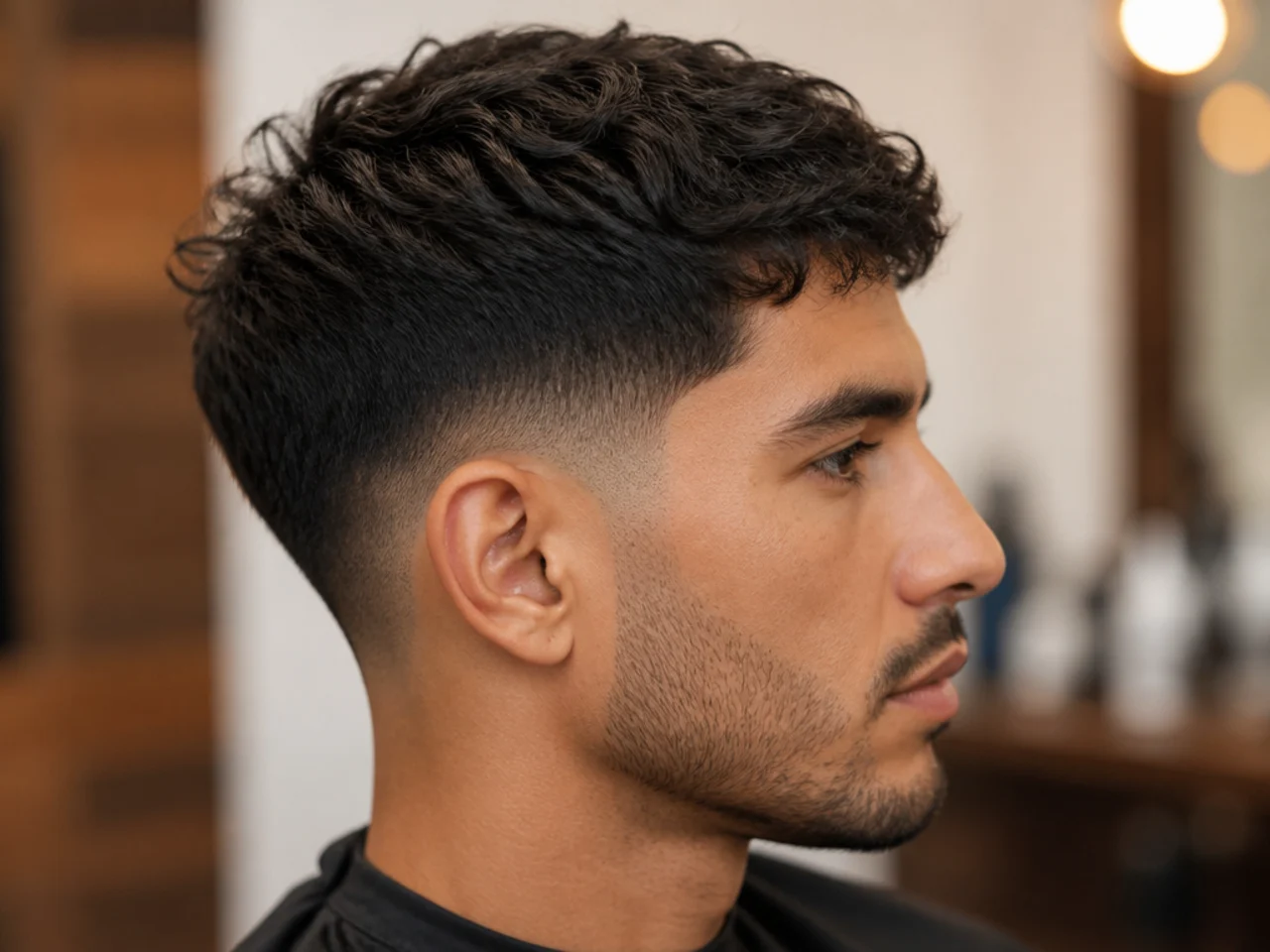 Low taper fade blended around the ears with a two-inch textured top on wavy hair
