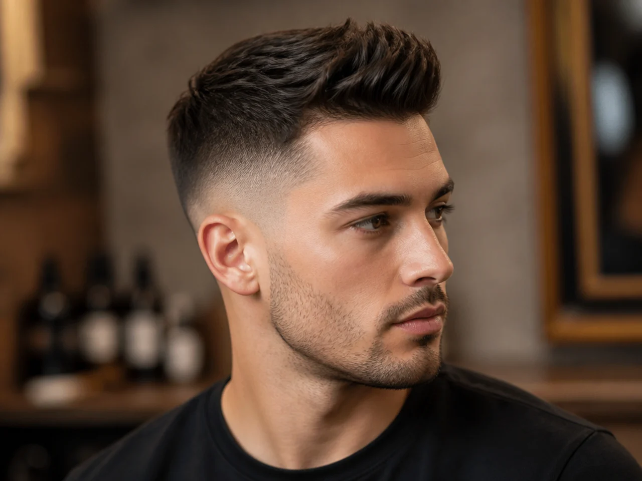 Mid fade paired with a short two-inch quiff lifted at the front