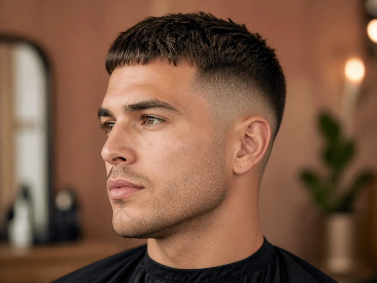 Modern crew cut with two inches on top and a mid fade blending down to skin at the temple