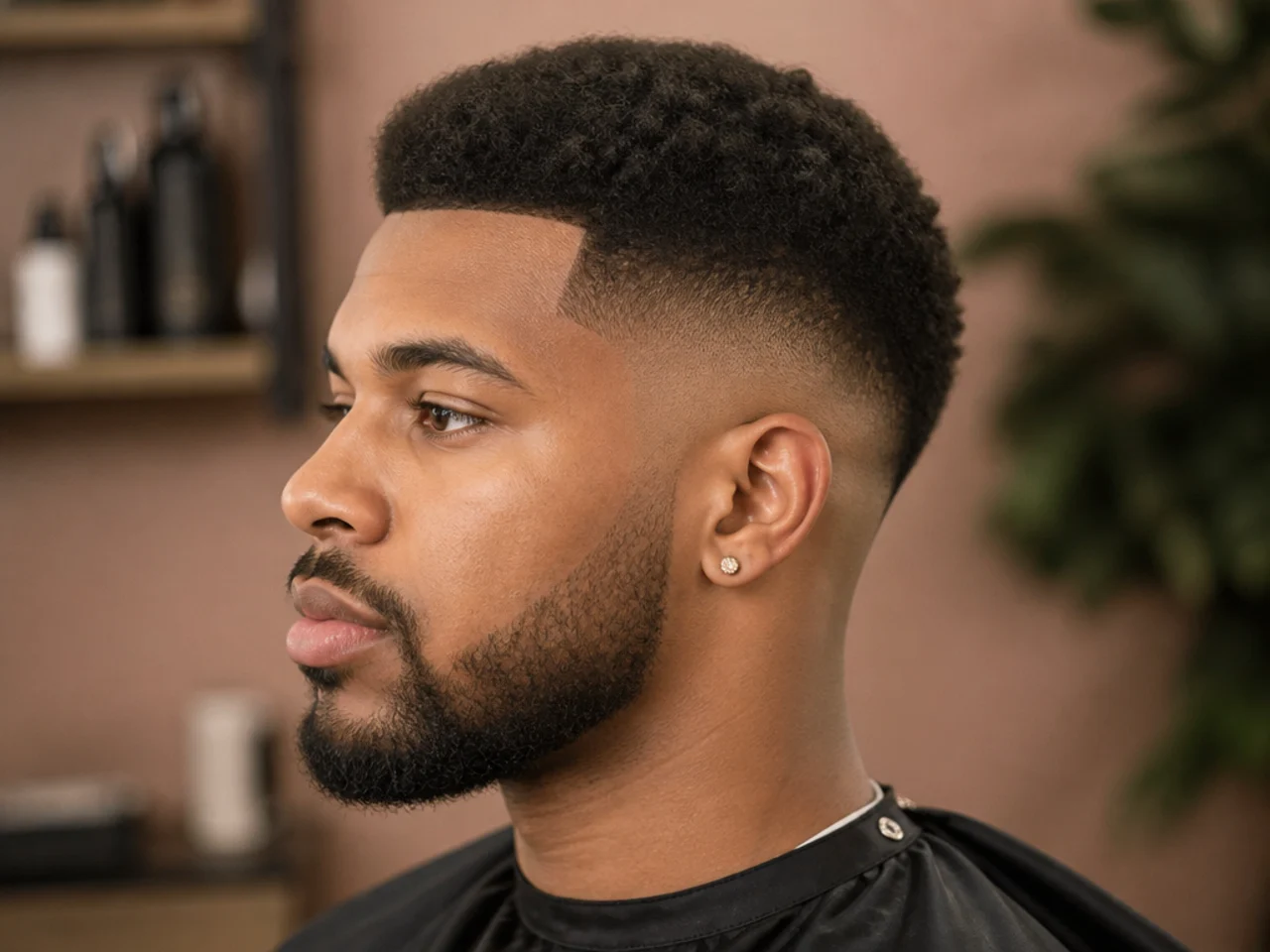 Short afro fade with two inches of shaped afro on top and a skin fade at the sides