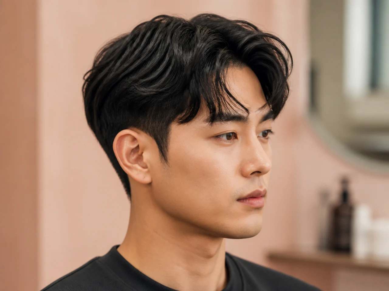 Short Korean comma haircut with a curled front lock pointing toward the eye