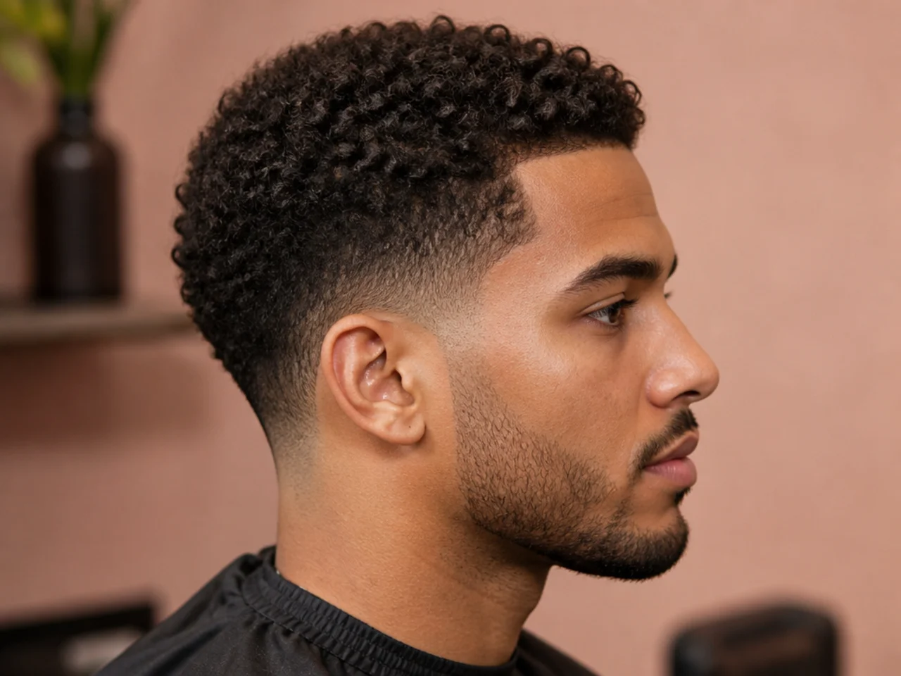 Short curly fade with tight defined curls on top and a low taper fade at the sides