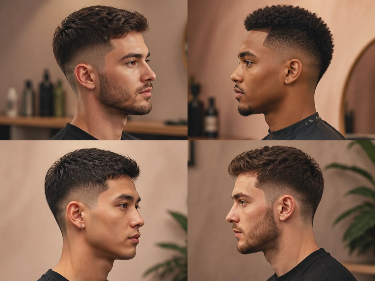 Five short fade cuts including low taper, mid fade quiff, and burst fade