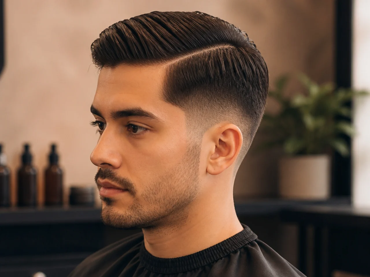 Short side part with two-inch top, defined part line, and a low taper