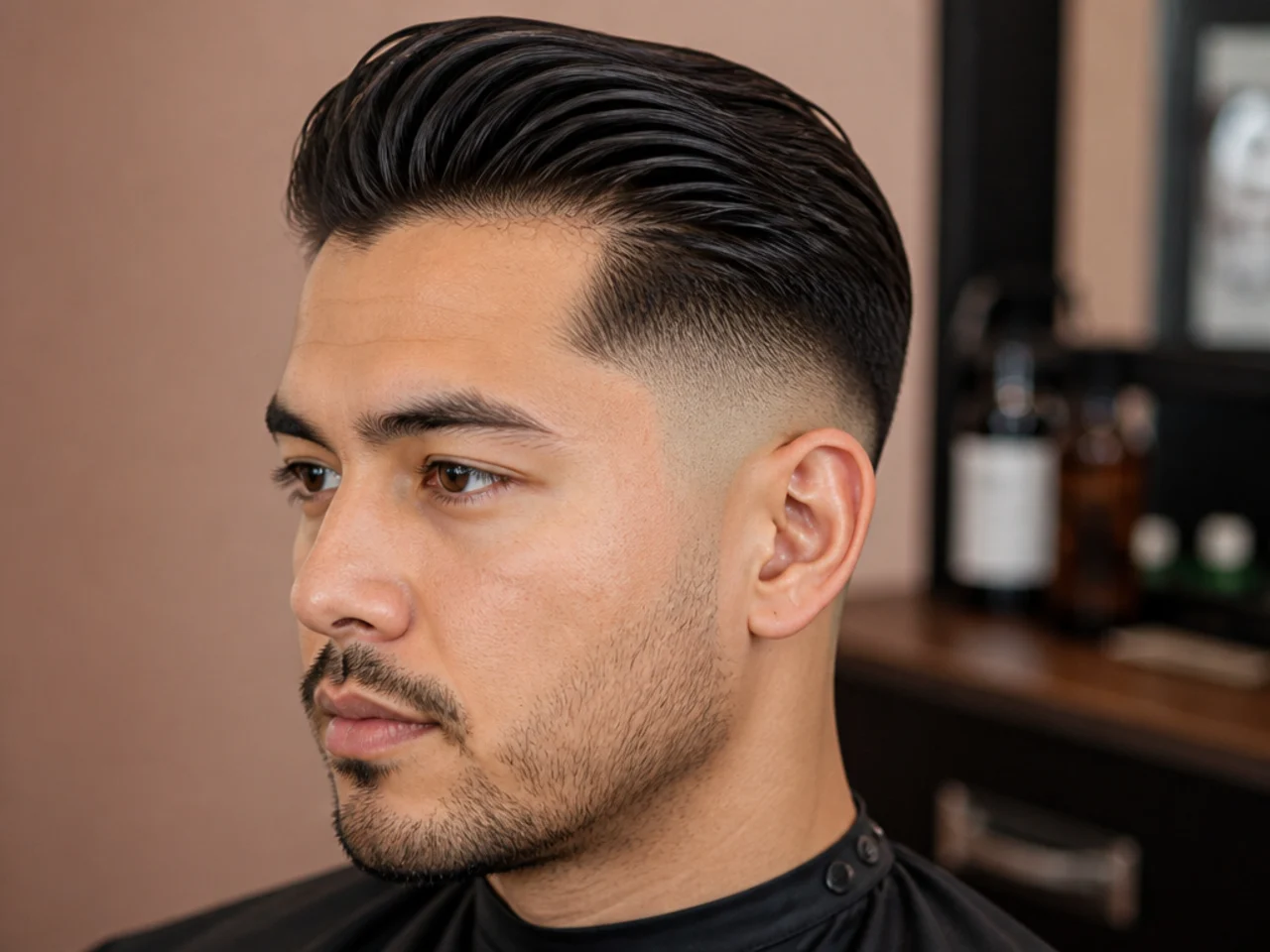 Short slick back with two-inch top brushed back cleanly with a low fade at the sides