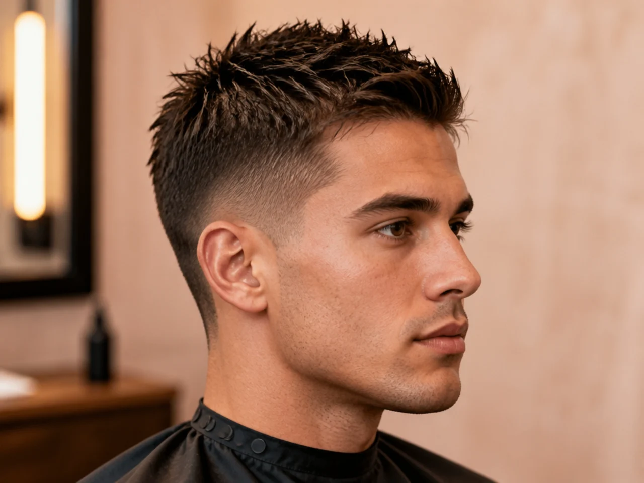 Short spiky cut with one and a half inches on top pinched into small textured spikes
