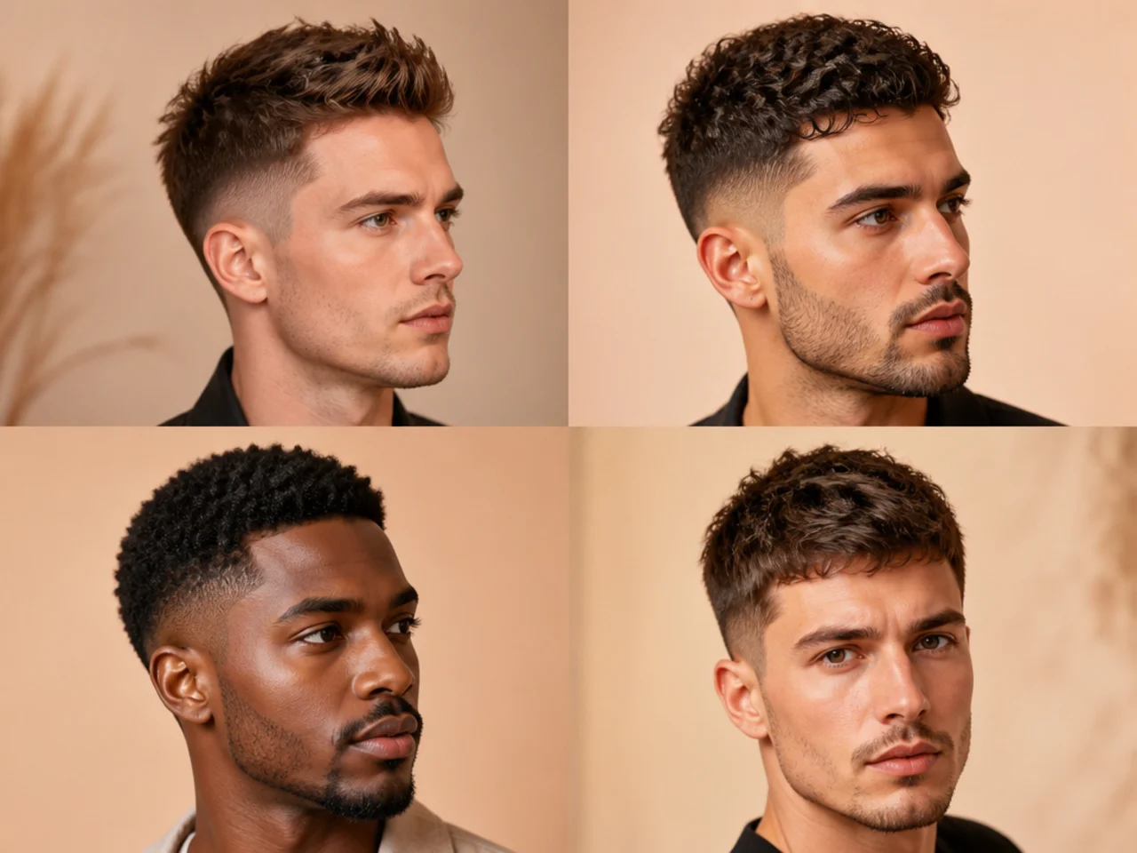 Five short styled cuts including short slick back, short side part, and short curly fade