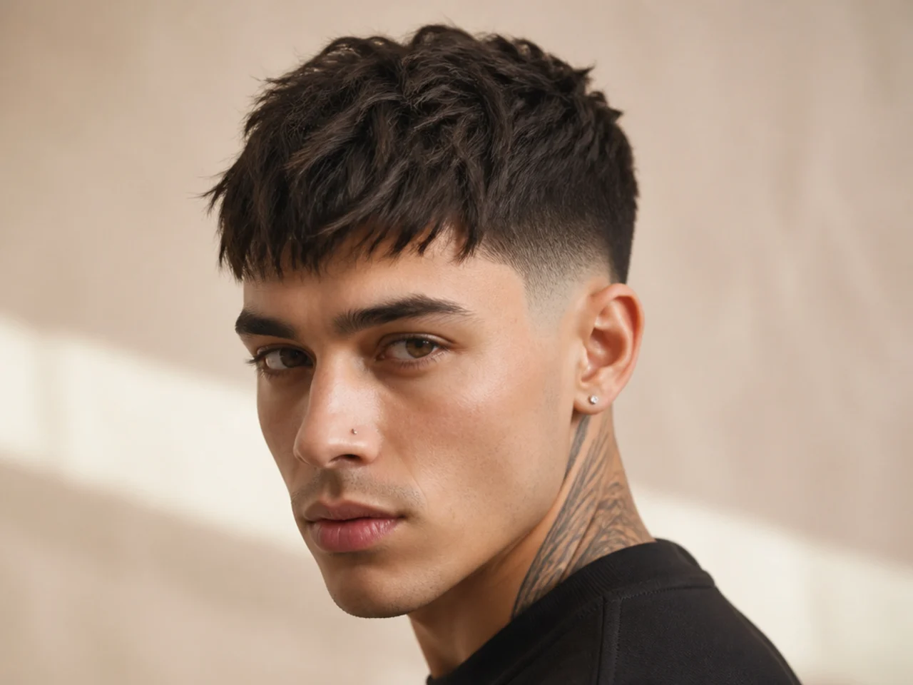 Short textured crop with heavy point-cutting and a short forward fringe reaching the brow