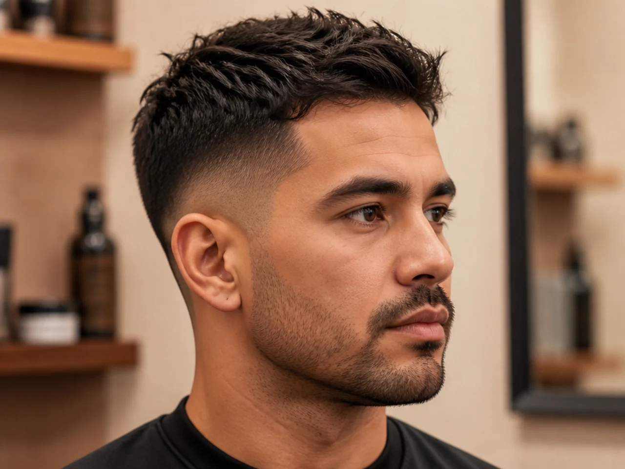 Flat-lay of men's styling products including matte clay, sea-salt spray, and a soft brush