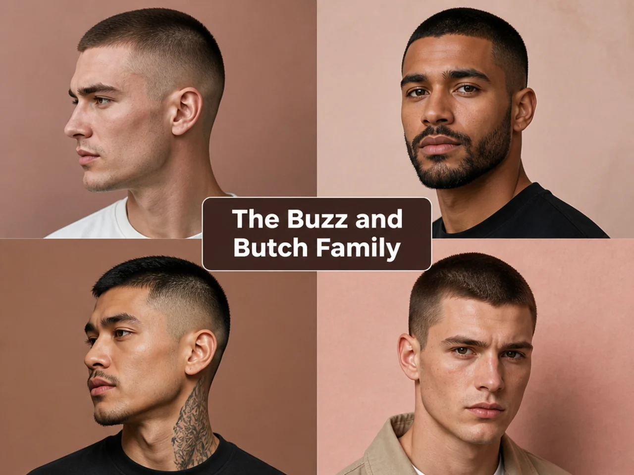 Lineup of five short men's haircut ideas from induction cut to long buzz with skin fade