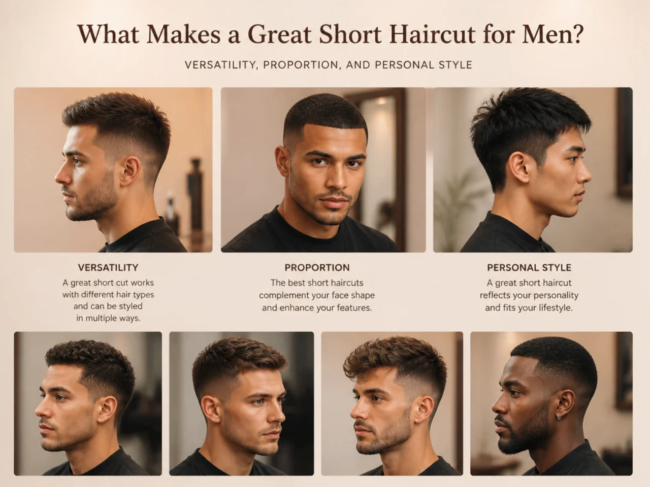 Reference wall showing five short men's haircut silhouettes from buzz to textured crop