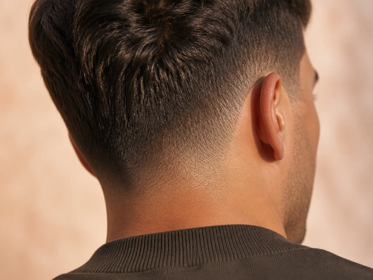 The neckline at the back of a short men's haircut
