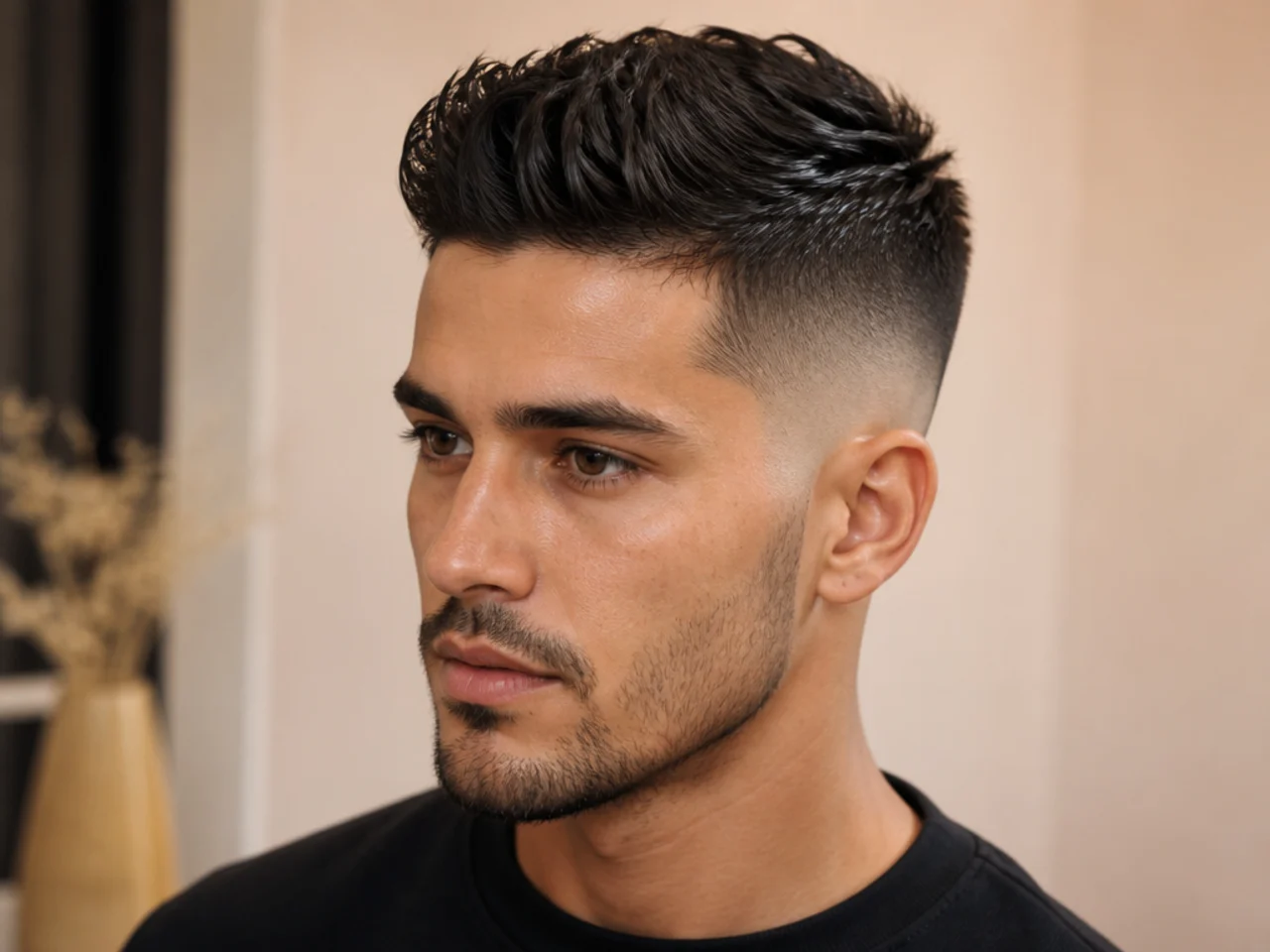 A high-shine styled short haircut in a product-style shot