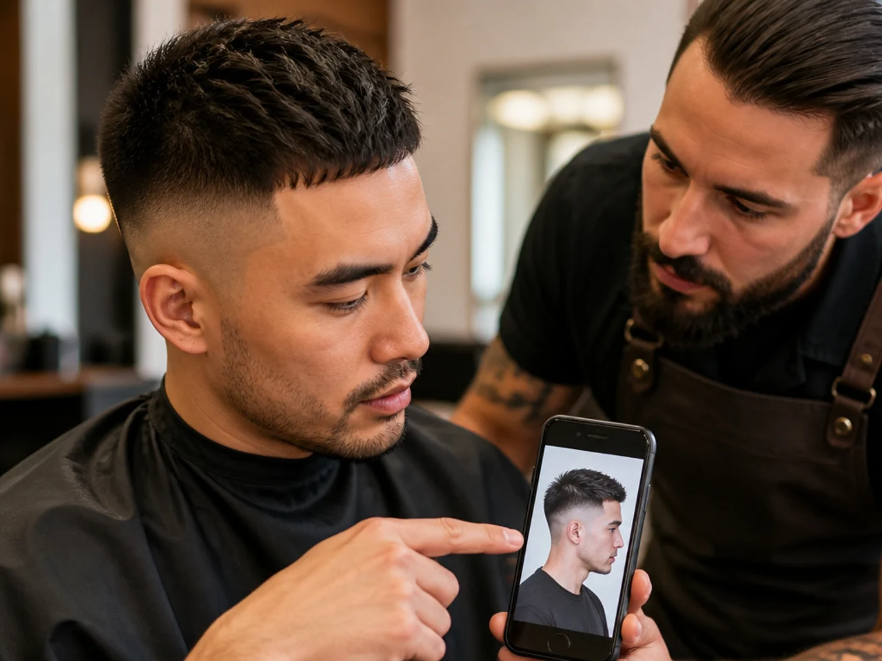 A man showing a reference photo to a barber