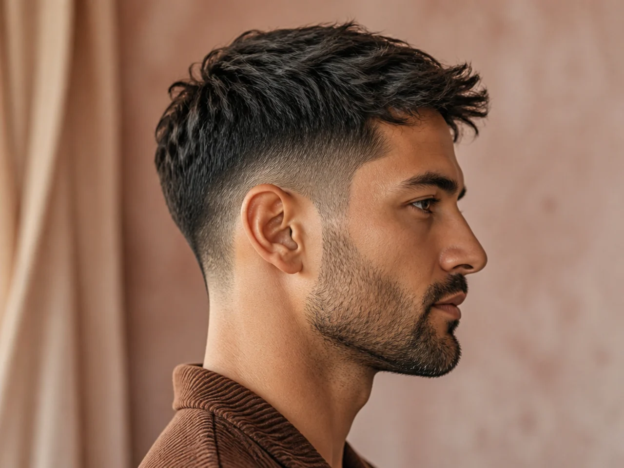 A short haircut with a longer top and tight sides