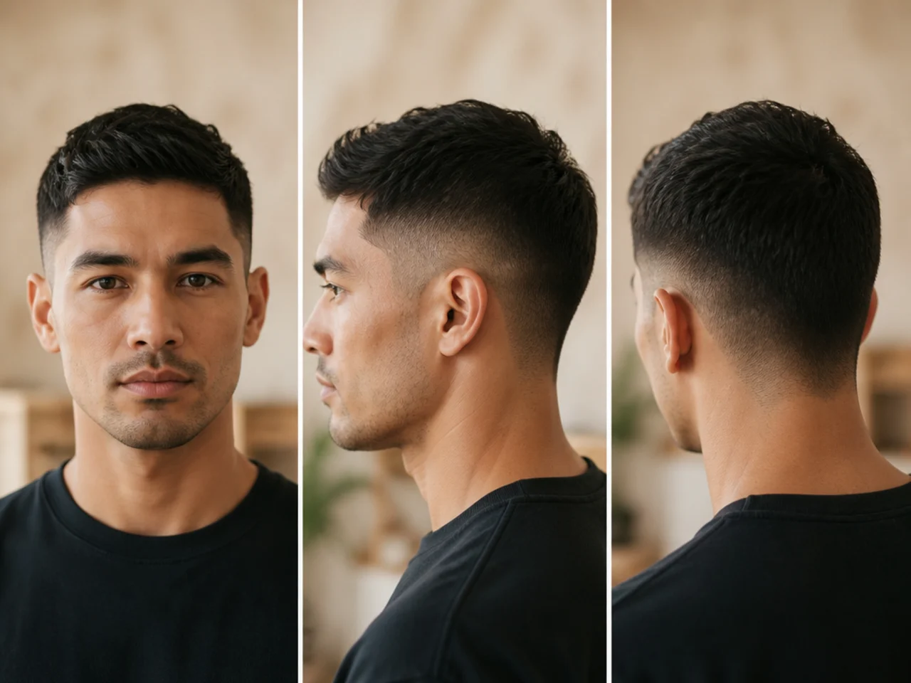 Three reference photos showing front, side and back of one haircut