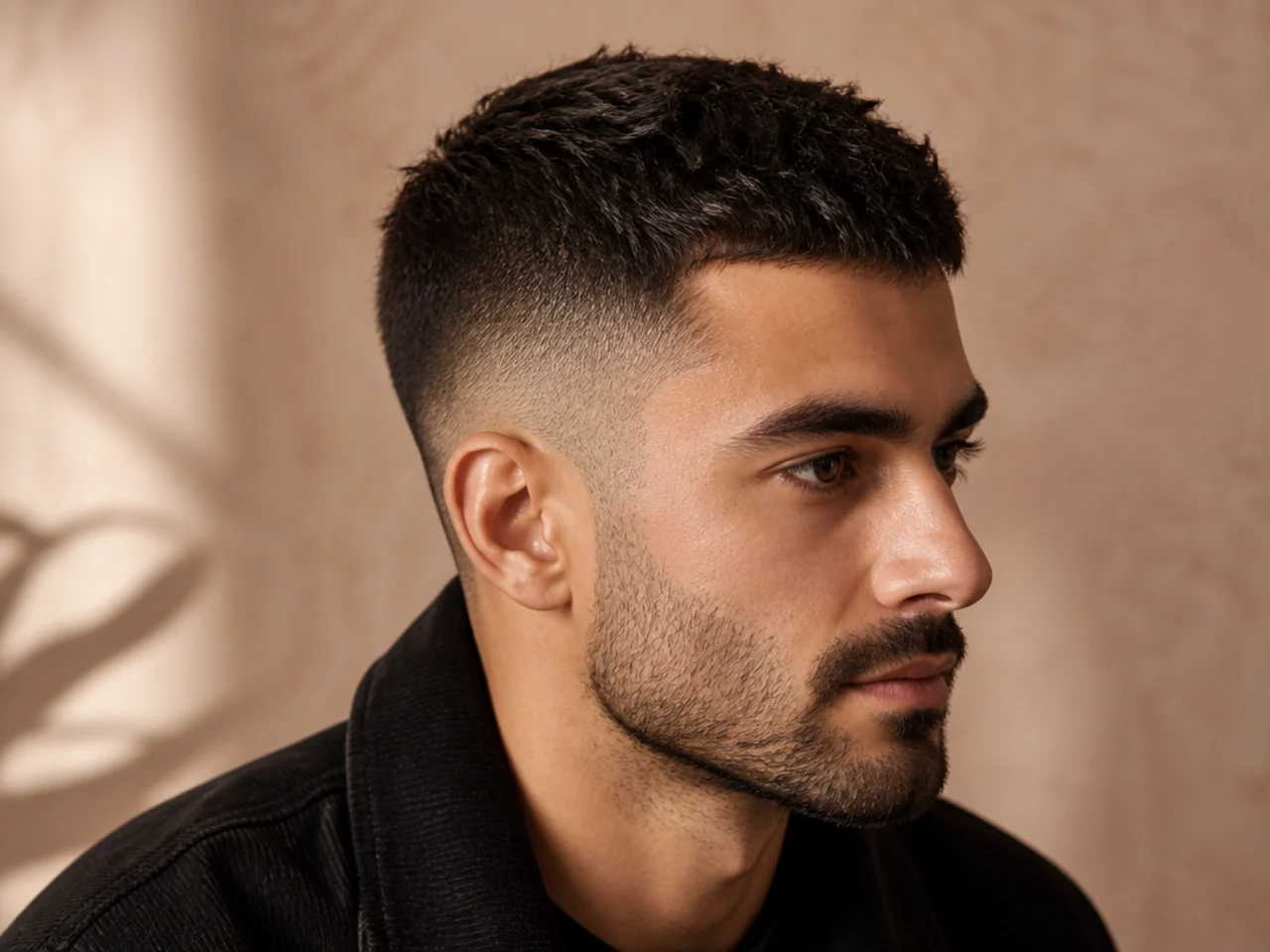 A three-quarter view of a short haircut with the back out of frame