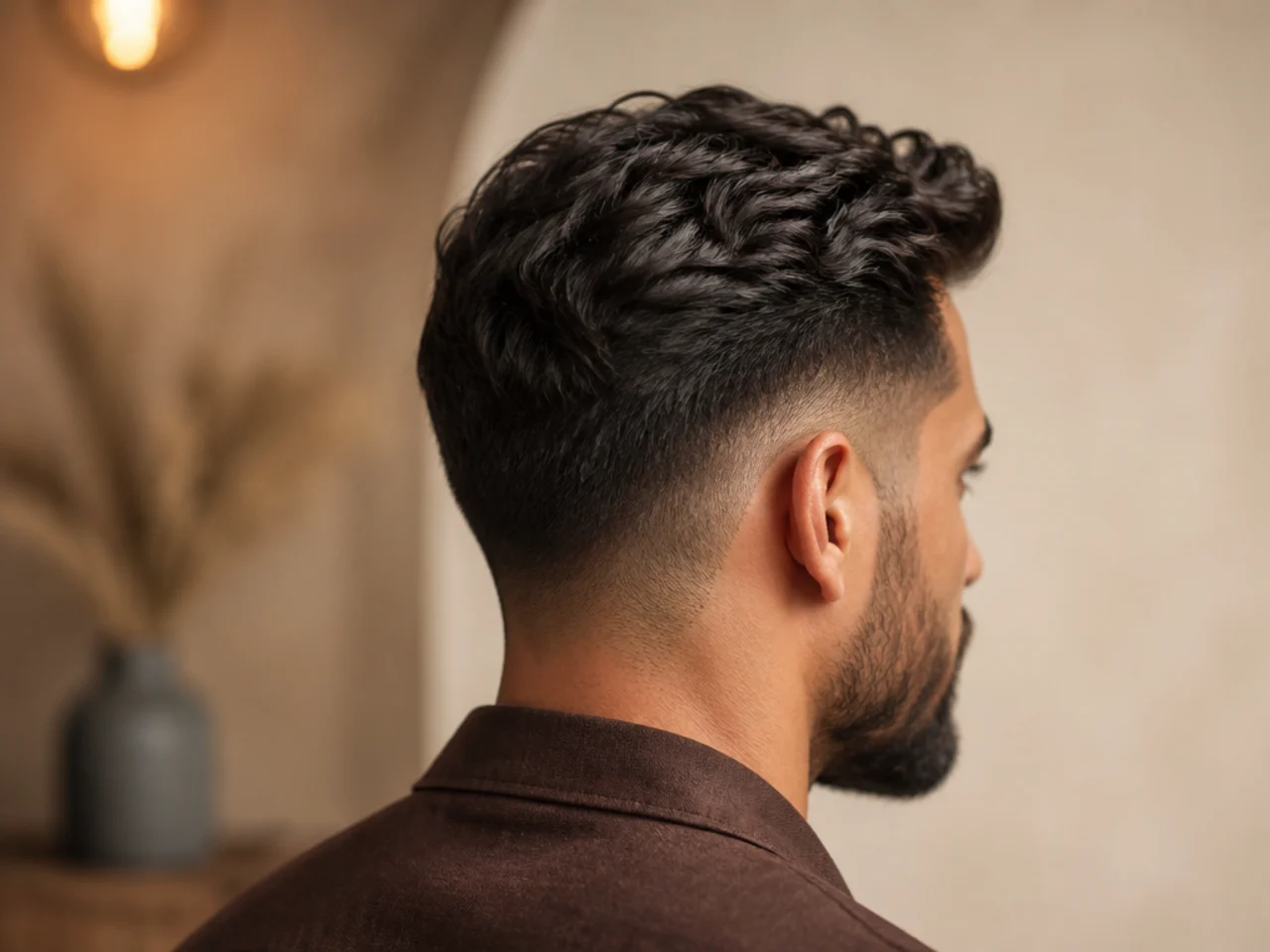 A heavily styled short haircut finished with a brush and dryer