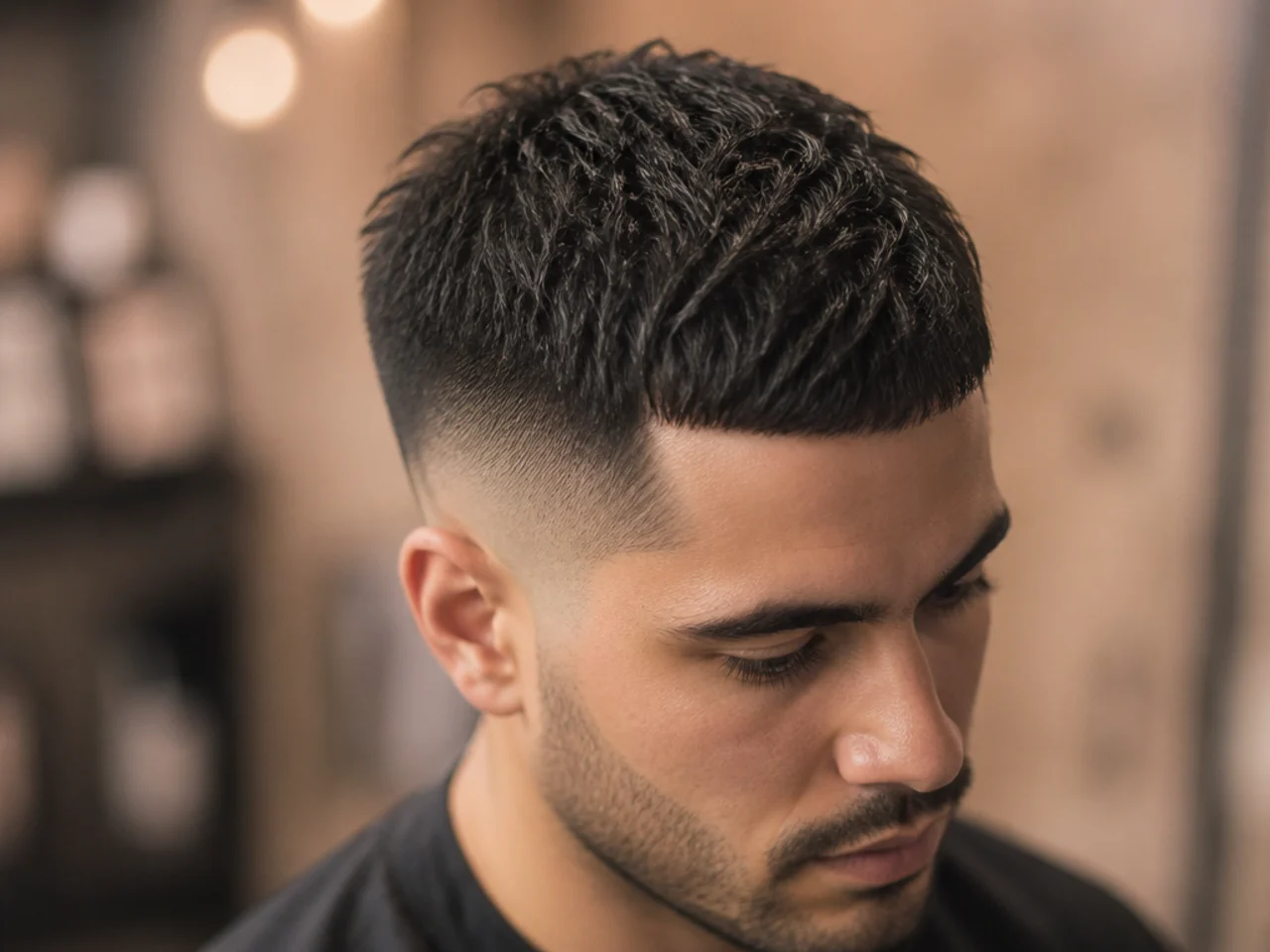 A short haircut with the top sharp and the sides blurred