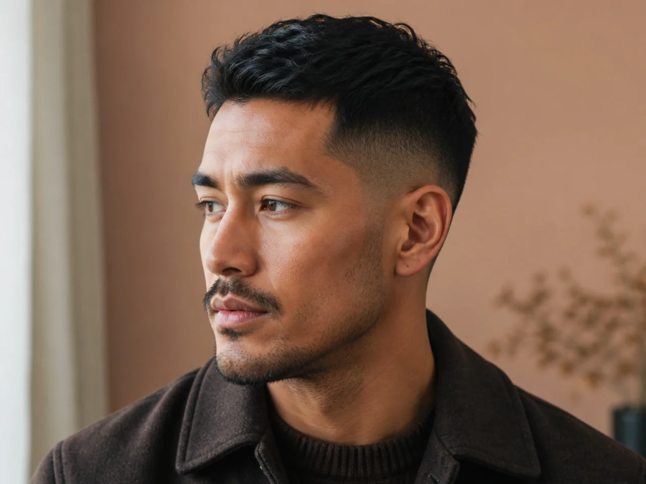 Three-quarter view of a short men's haircut in even light