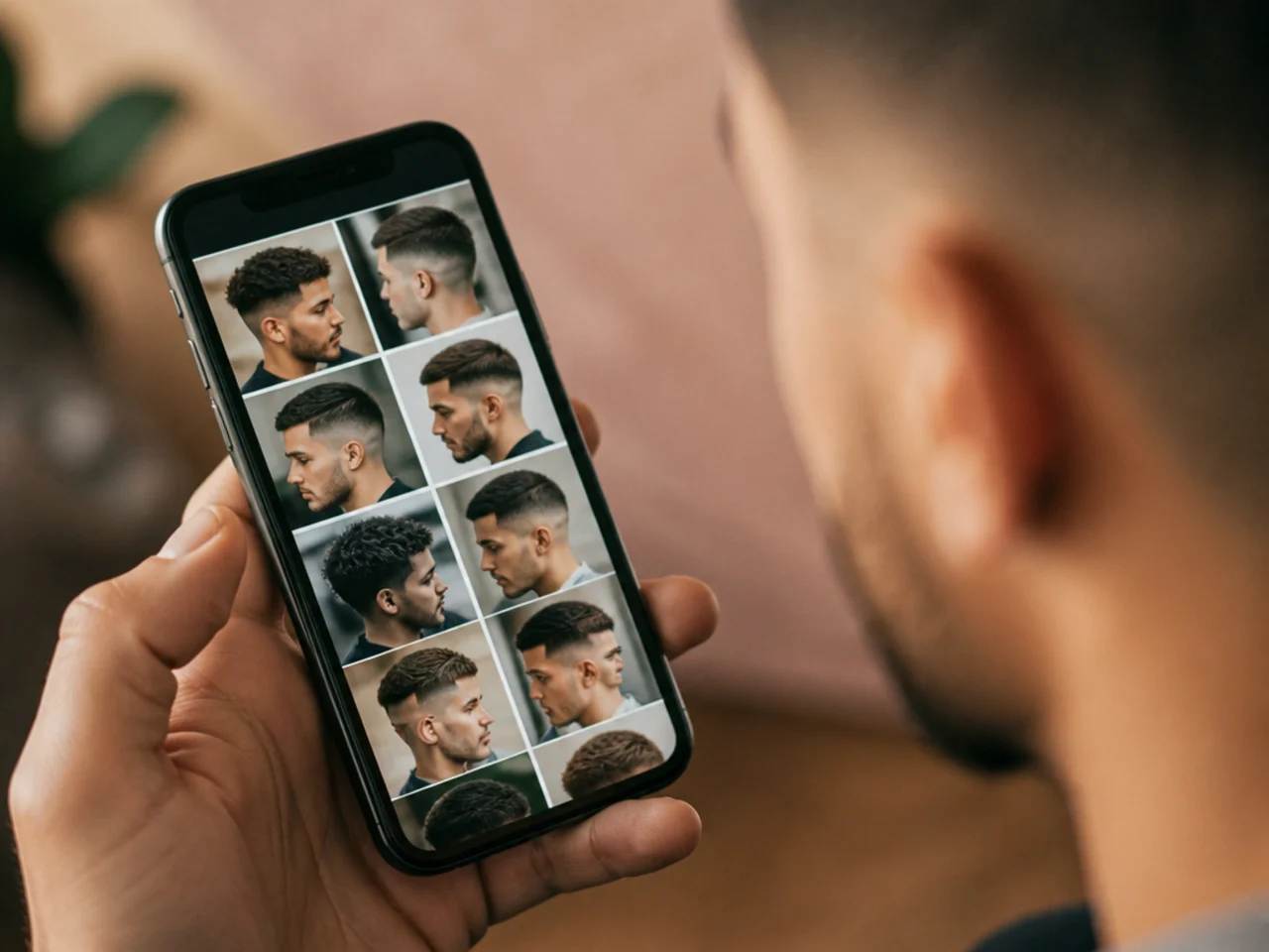 A folder of short haircut reference photos on a phone