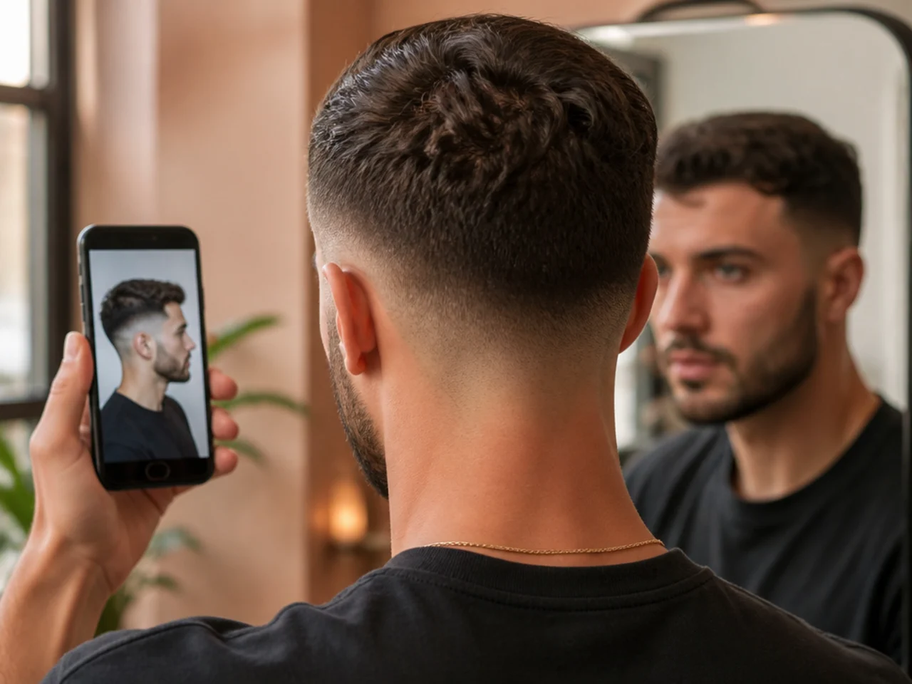 A reference photo being compared against a man's own hair in a mirror