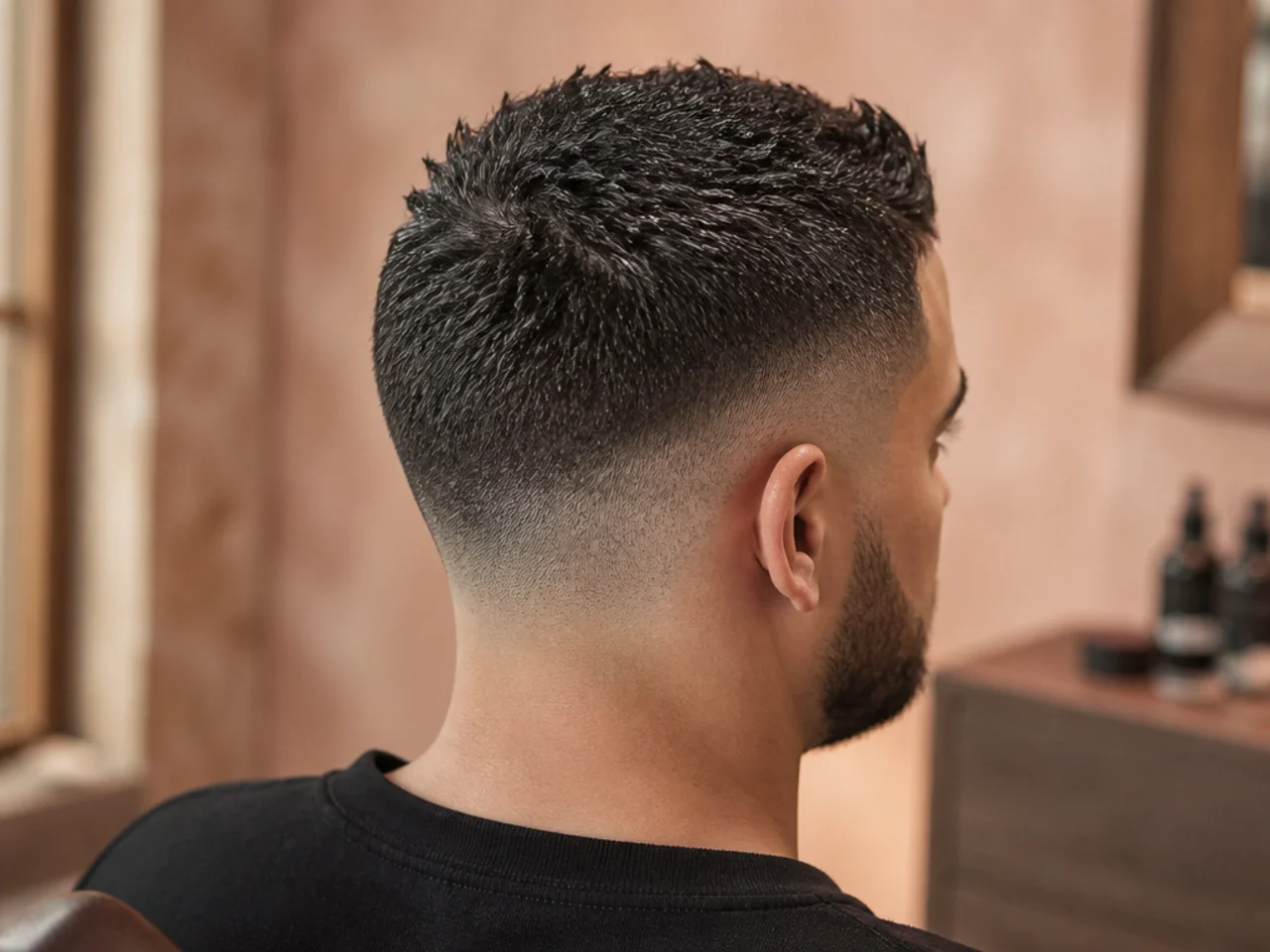 Coarse short hair styled with a heavier paste